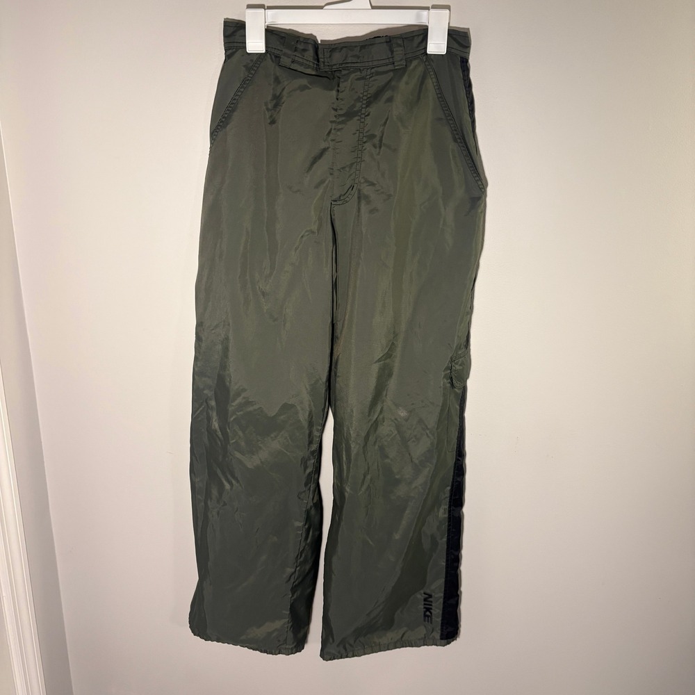 Vintage Nike Nylon Track Pants Mens Large Olive Green Black Cargo Windbreaker